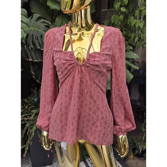 Equipment Arden Puff Sleeve Top Red Geometric Print Silk 6 - Picture 1 of 7